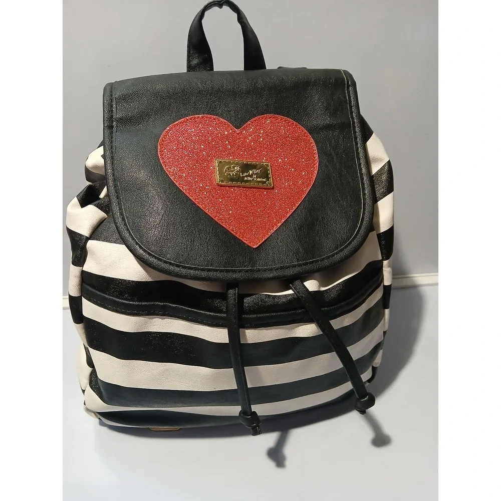 Betsey Johnson Black White Stripe Heart Glitter Mini Backpack‎ Purse